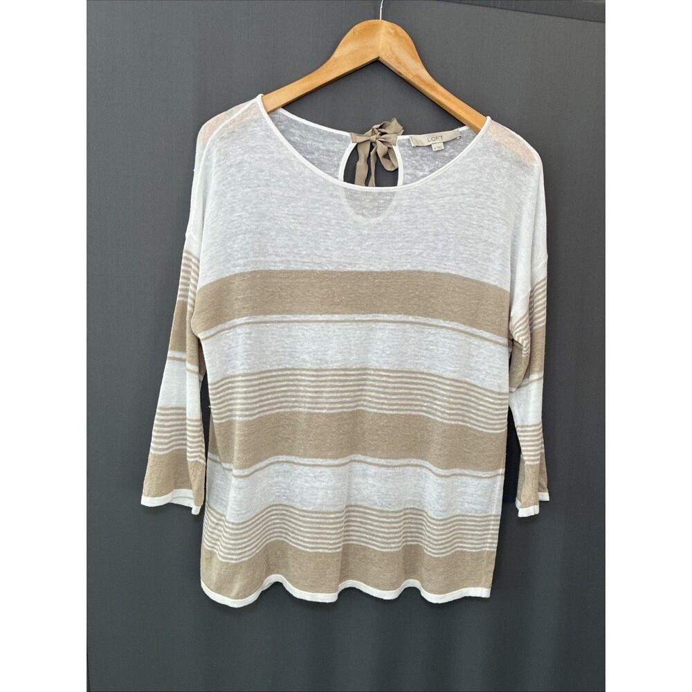 Ann Taylor Linen Blend Lightweight Sweater Medium Tan Striped Ribbon Tie Coastal